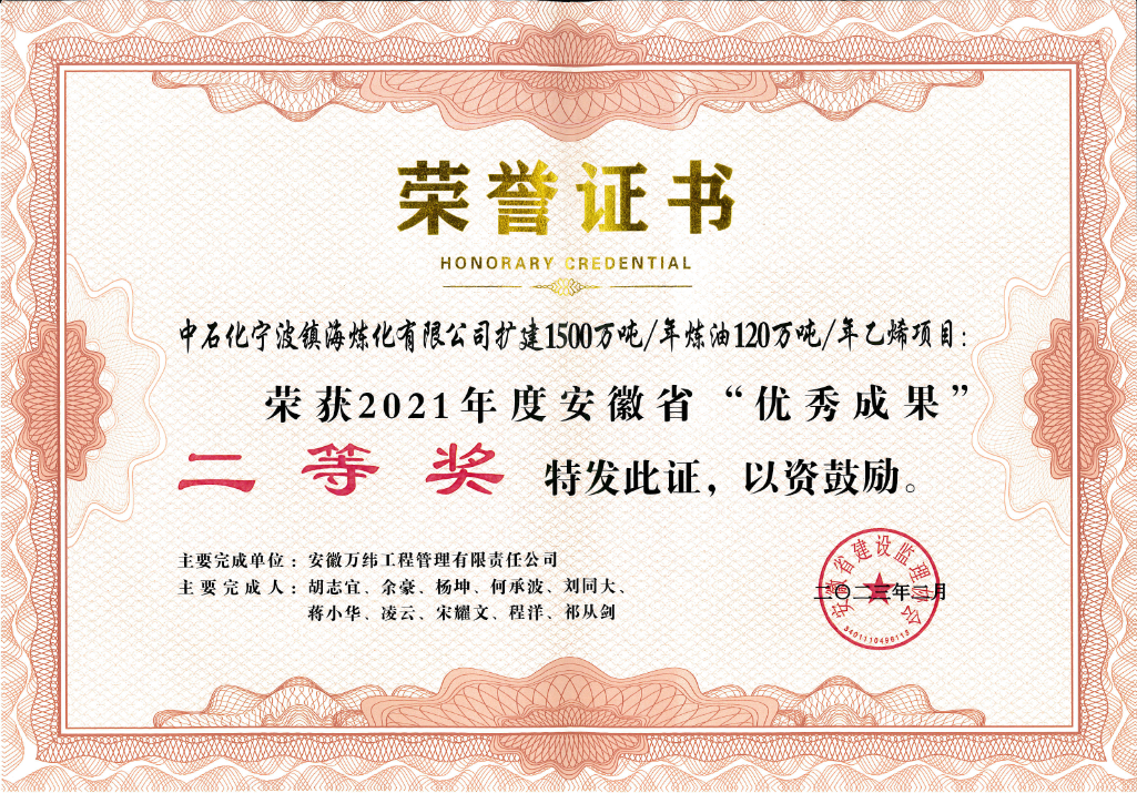 中石化宁波镇海炼化1500万吨荣获2021年度安徽省优秀成果二等奖